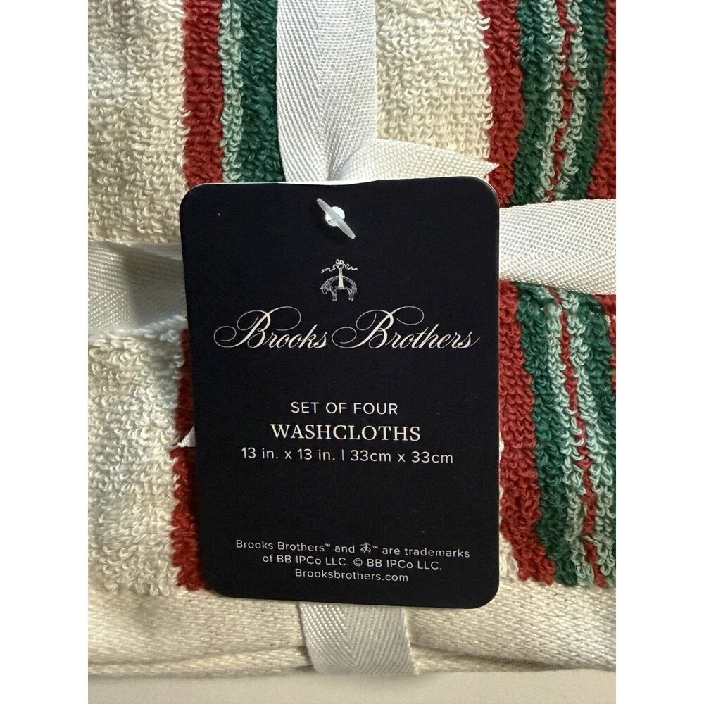 Brooks Brothers Christmas Washcloths Facecloths Set of 4 Red Green Cream 13x13